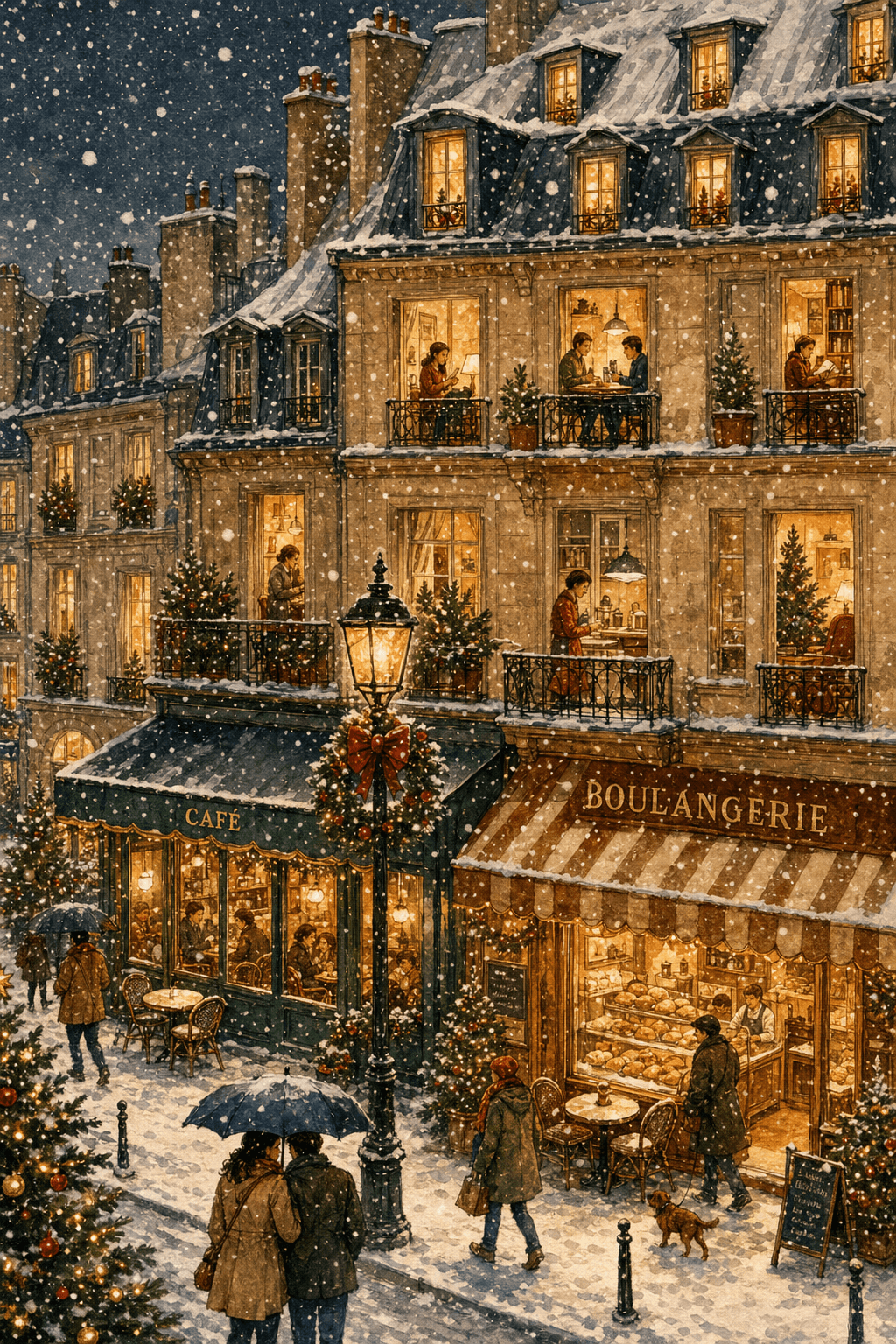 Snowy Parisian street corner with café and bakery at night — Group Plans
