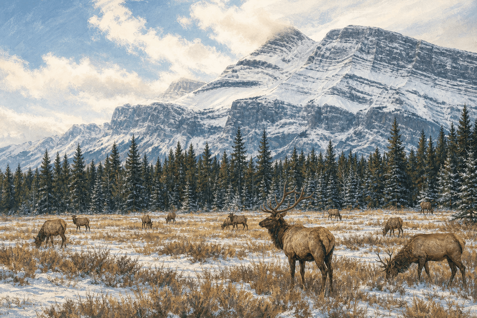 Centuries Mutual — hand-drawn elk herd in a snowy mountain meadow